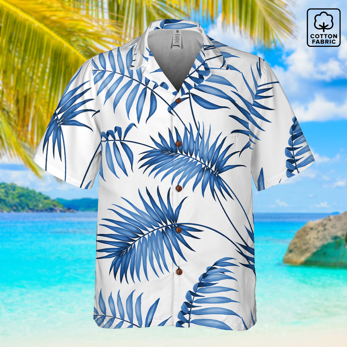 "Sapphire Palm Serenity" Hawaiian Shirt - 100% Cotton