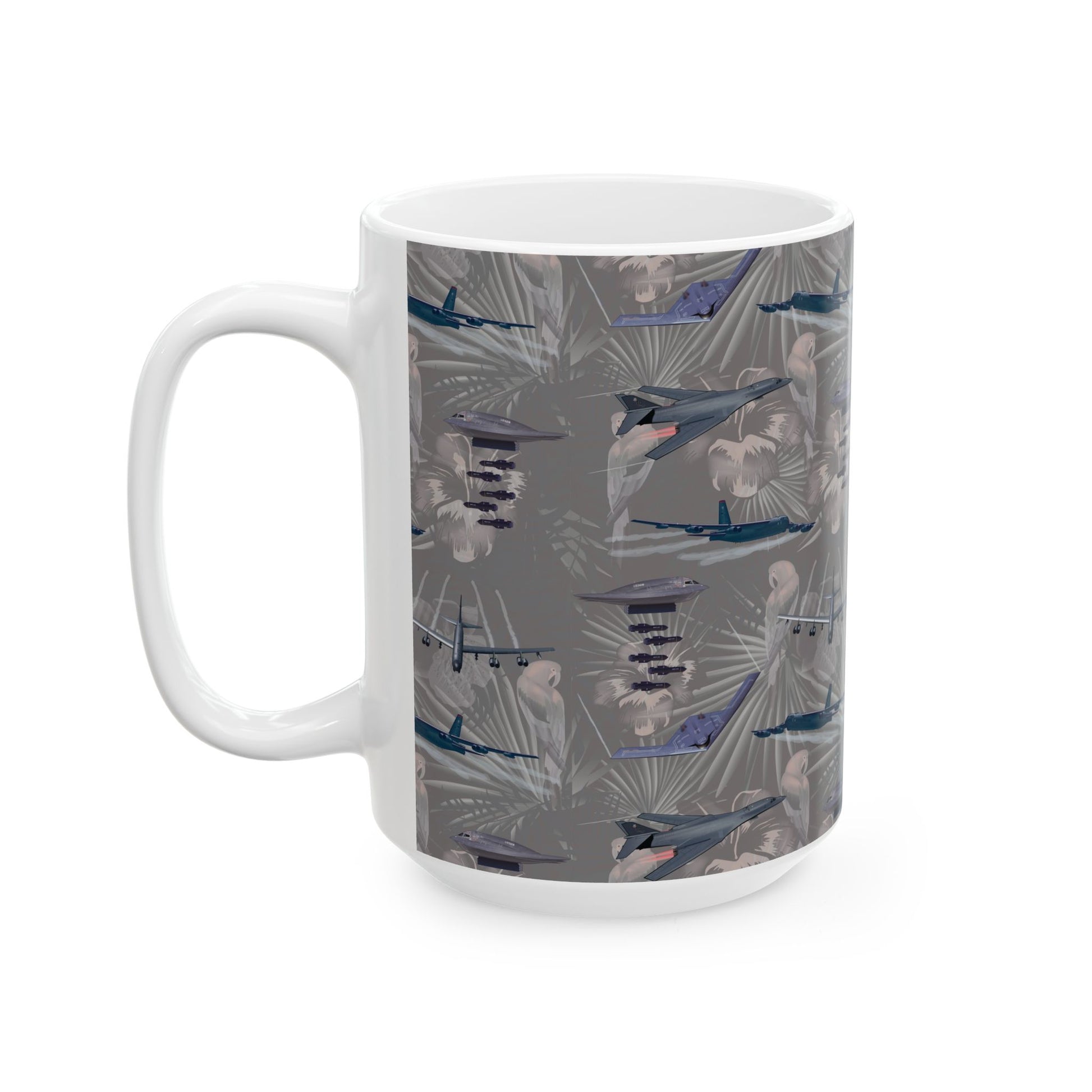 Sleek black ceramic mug featuring a design honoring the B-17 Flying Fortress, perfect for daily use or as a collector’s item, available in 11oz and 15oz sizes.
