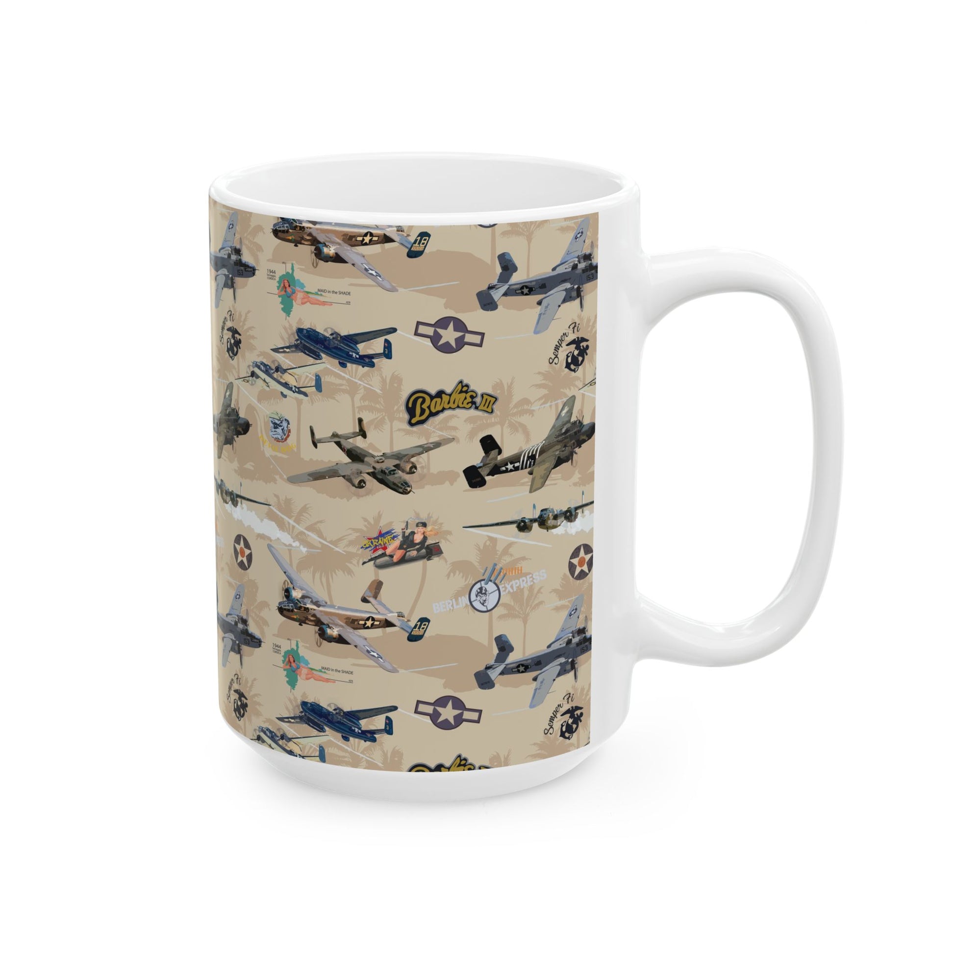 Stylish ceramic mug with vintage B-25 bomber nose art design, featuring the "Russian to Get Ya" motif, perfect for collectors and aviation fans.