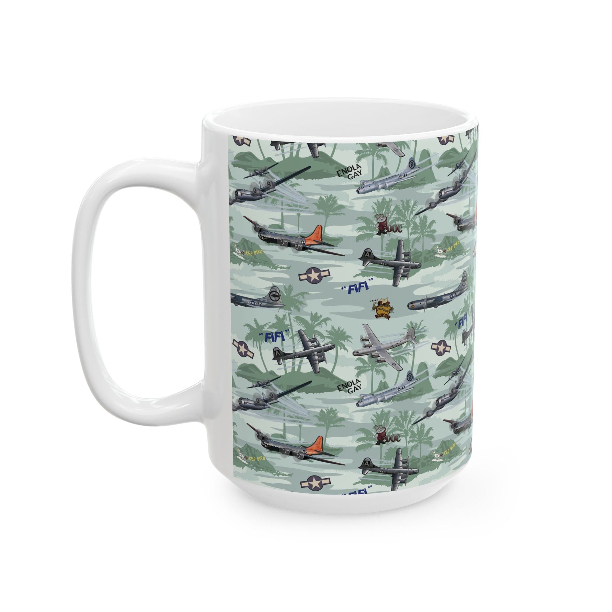 B-29 Green Ceramic Mug with a unique bomber graphic, available in 11oz and 15oz sizes, microwave and dishwasher safe for easy use.