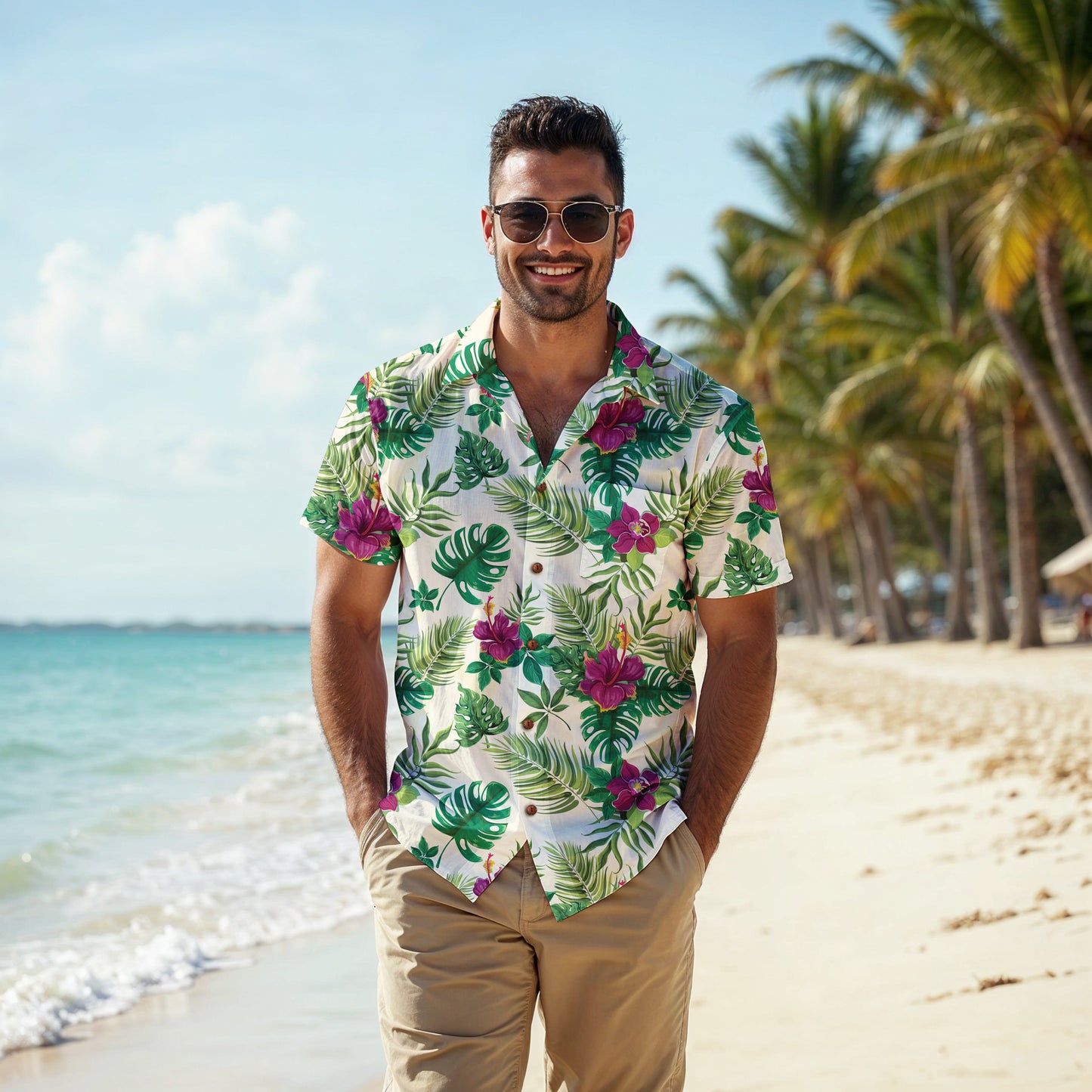 "Sunny Hibiscus Blooms"  Hawaiian Shirt - 100% Cotton