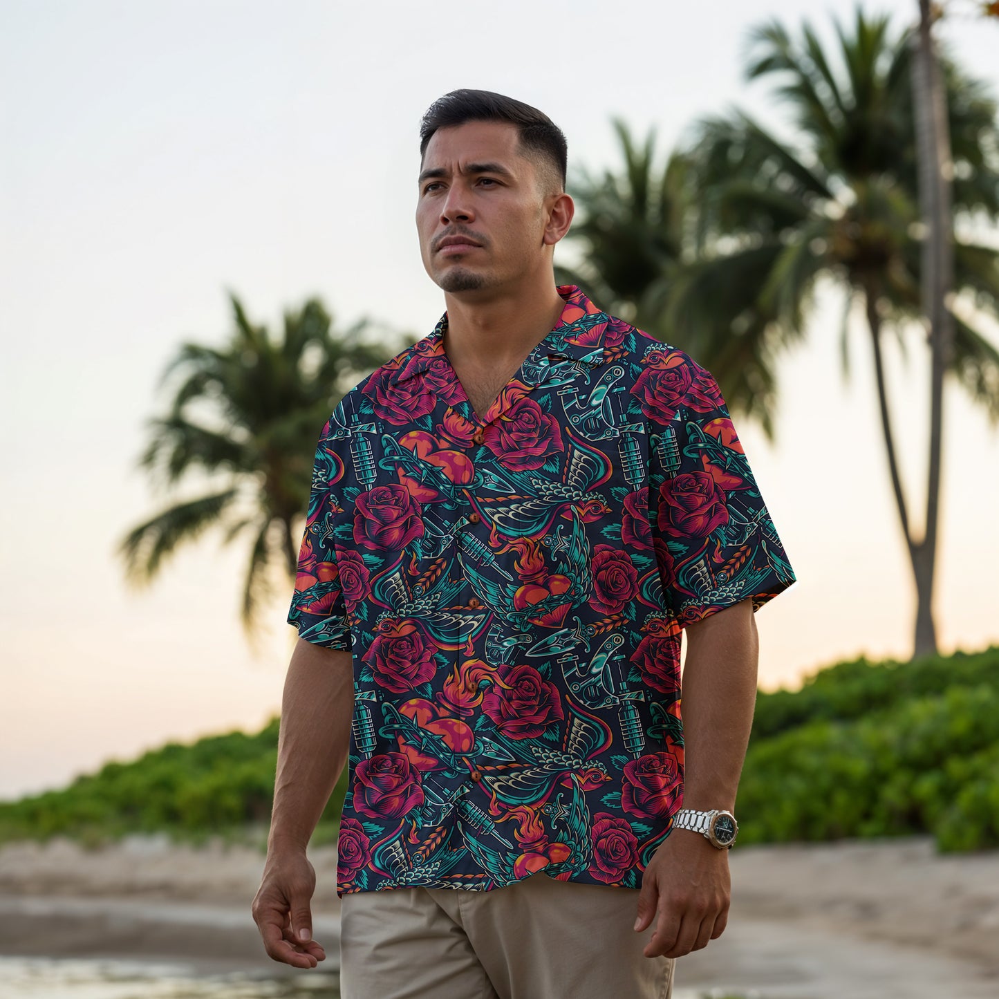 "Tattoos 'N Hearts" 100% Cotton Button-Up Shirt