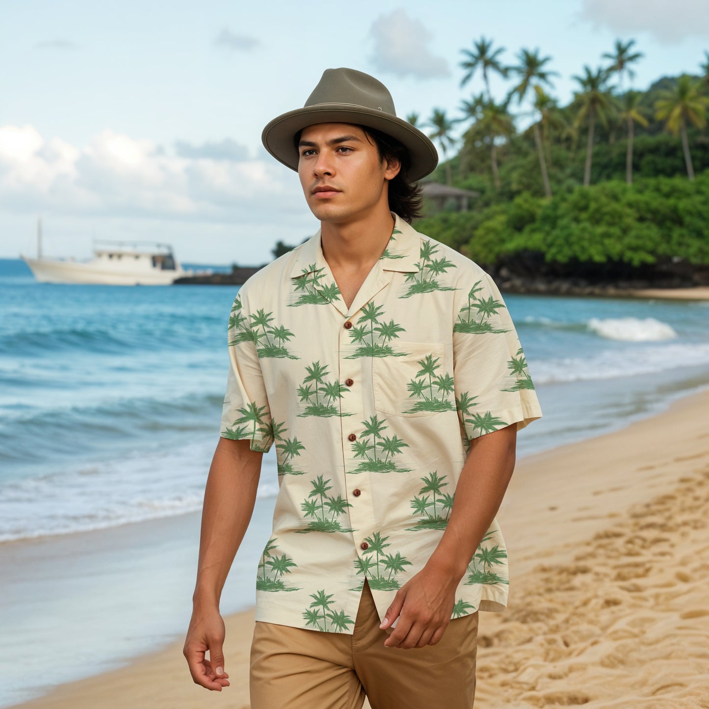 "Three Palm Island" Hawaiian Shirt - 100% Cotton
