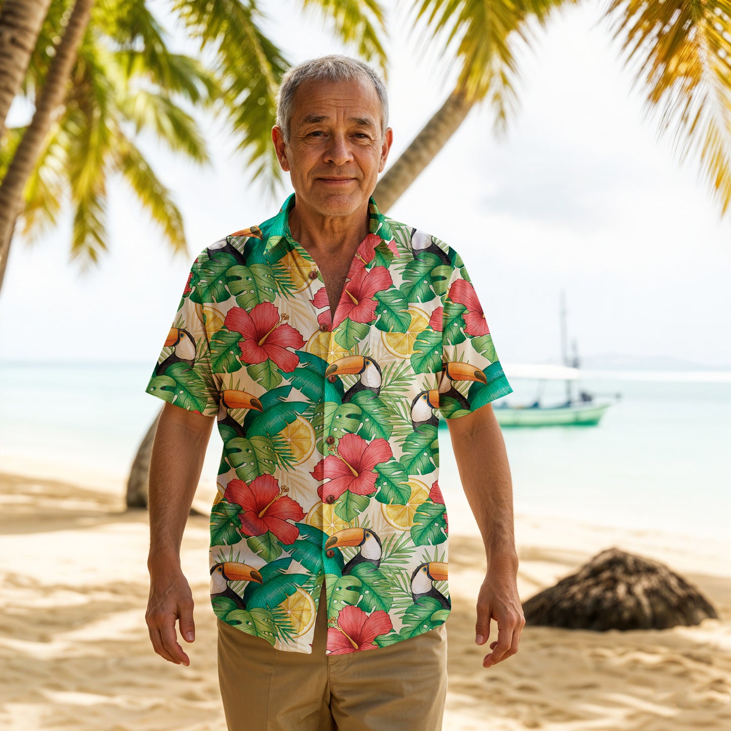 "Toucans Hiding in Hibiscus" Hawaiian Shirt - 100% Cotton
