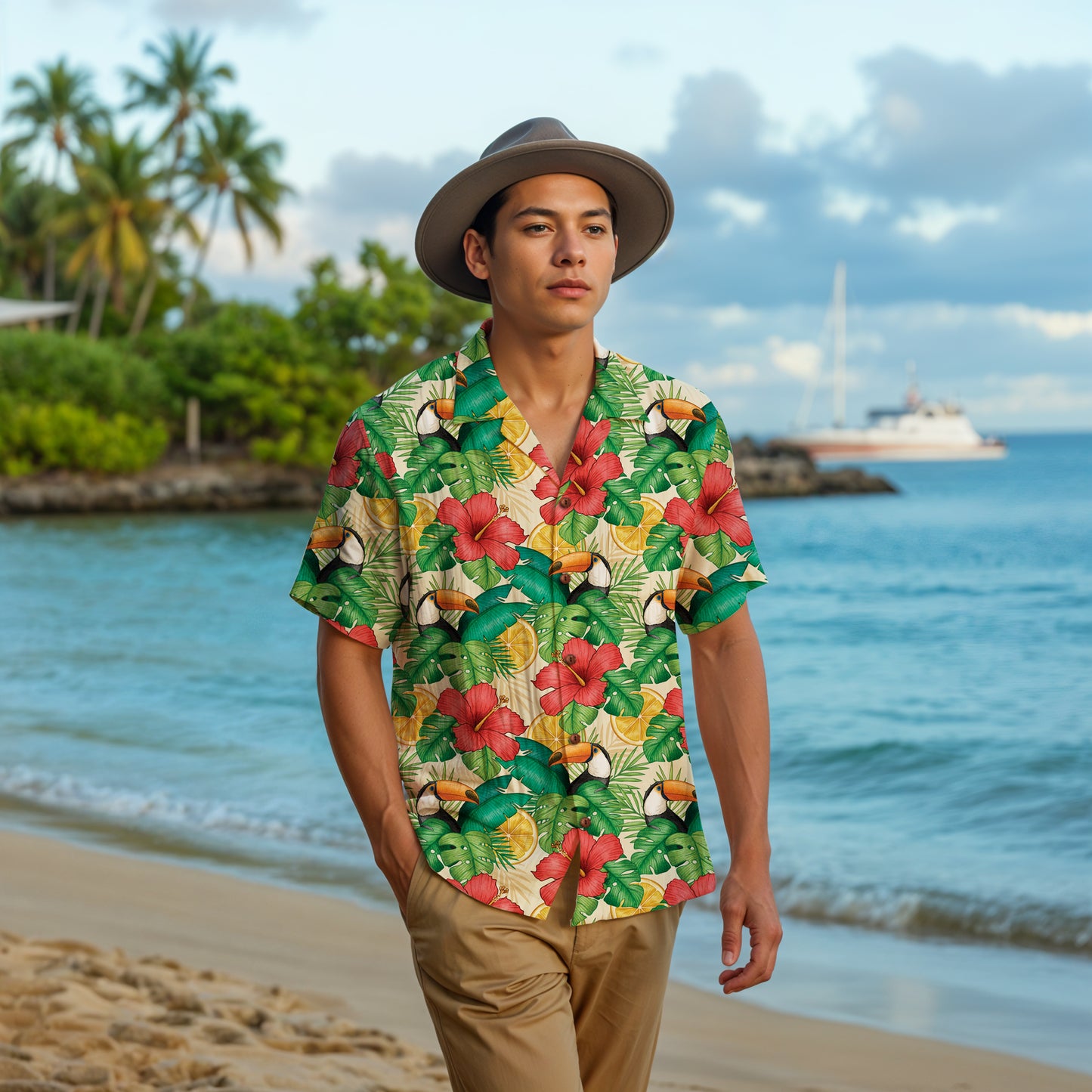 "Toucans Hiding in Hibiscus" Hawaiian Shirt - 100% Cotton