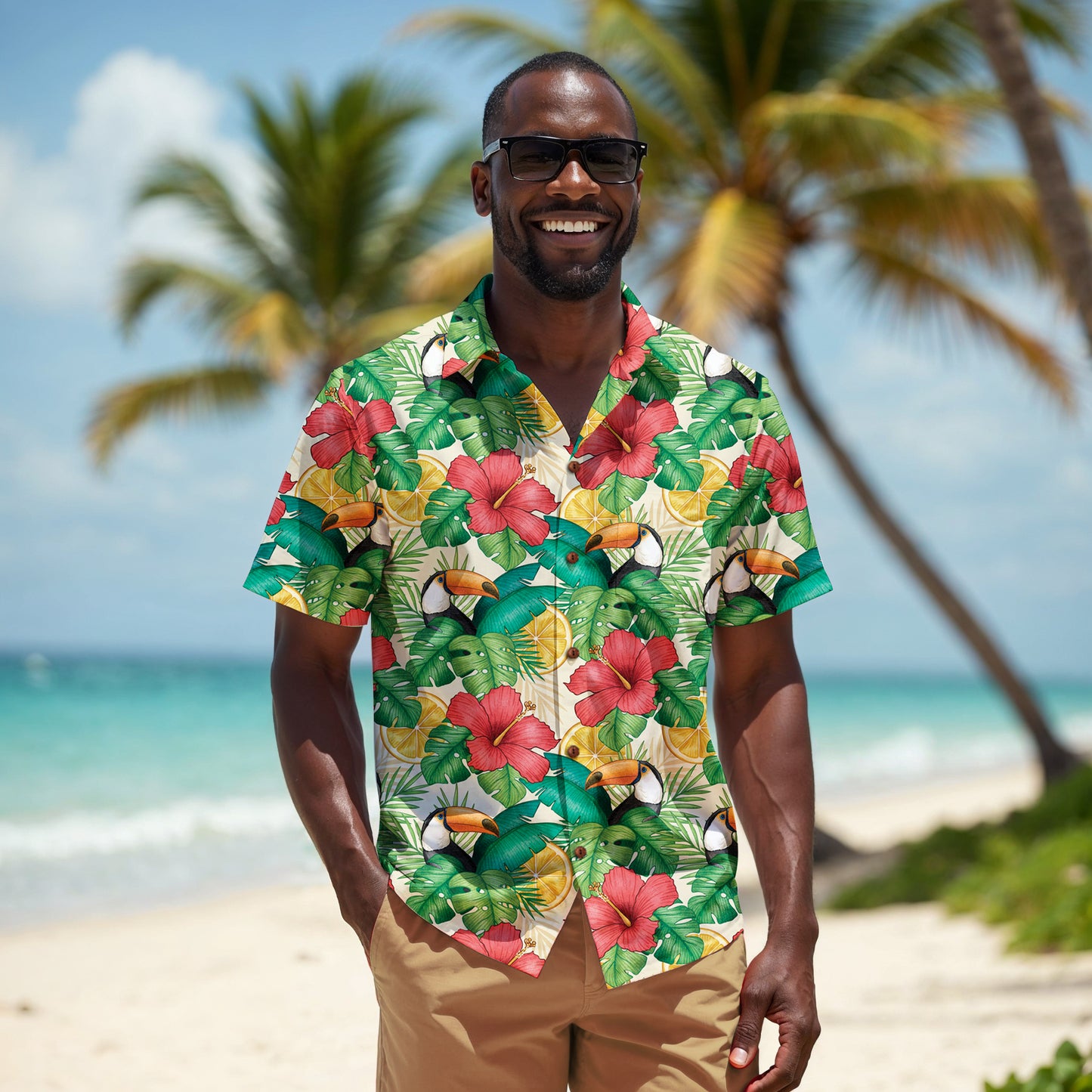 "Toucans Hiding in Hibiscus" Hawaiian Shirt - 100% Cotton