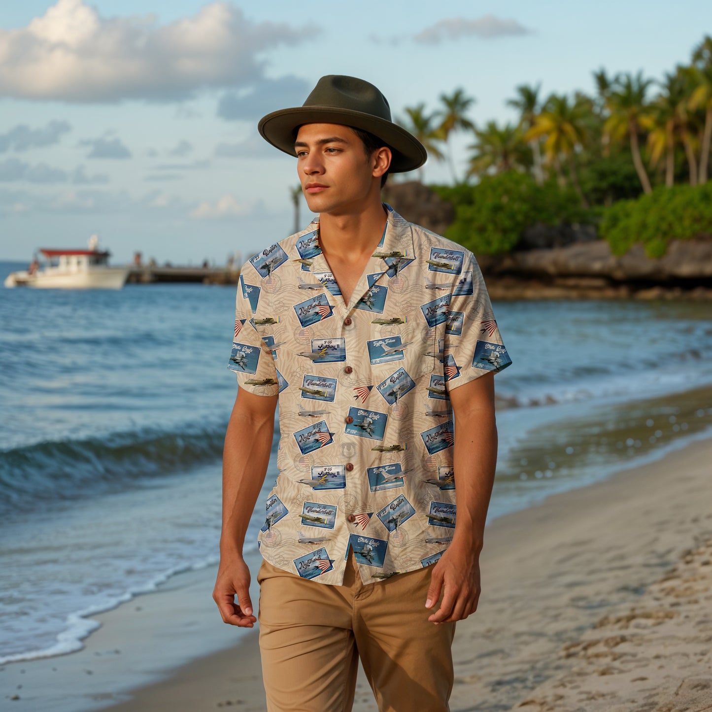 Hawaiian Shirt - Tribute to Current Fighter Jets of the USAF 100% Cotton! - Beige