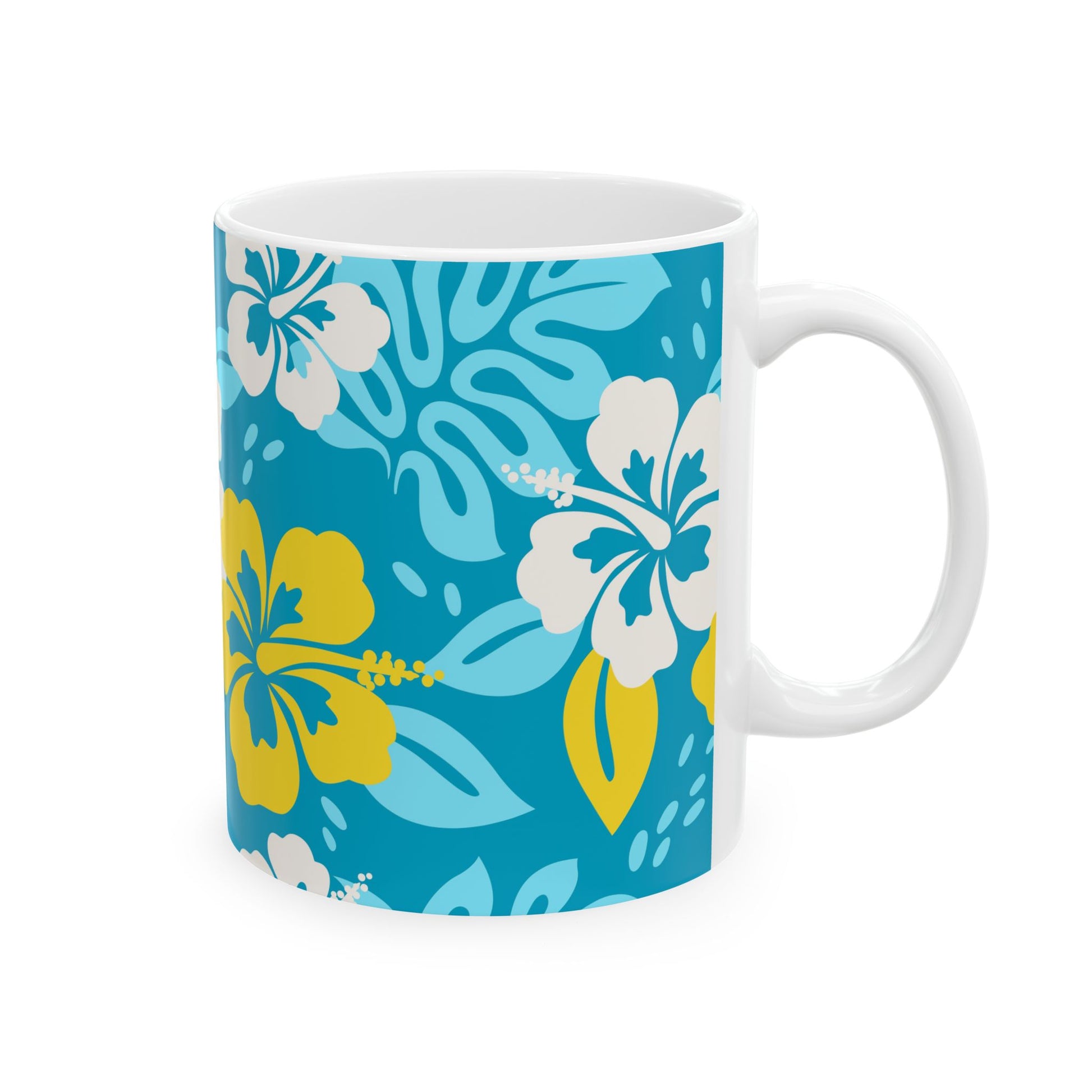 Tropical-themed ceramic mug with palm leaves and beach vibes, printed on both sides, ideal for morning coffee or evening tea.