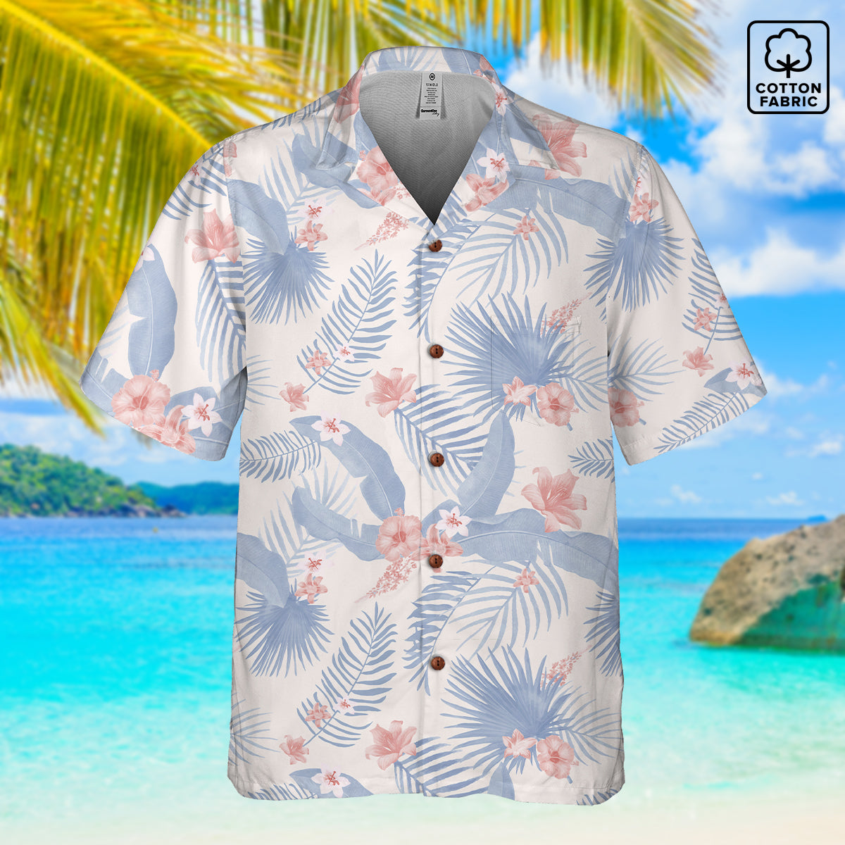 "Tropical Bliss, Coral Hibiscus" Hawaiian Shirt - 100%  Cotton