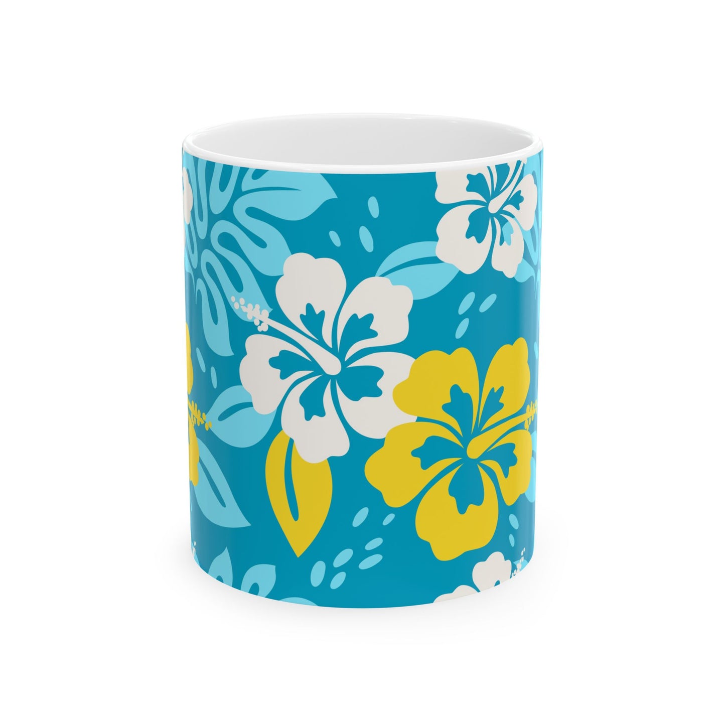 White ceramic mug featuring a vibrant tropical palm tree design, available in 11oz and 15oz sizes, with prints on both sides.