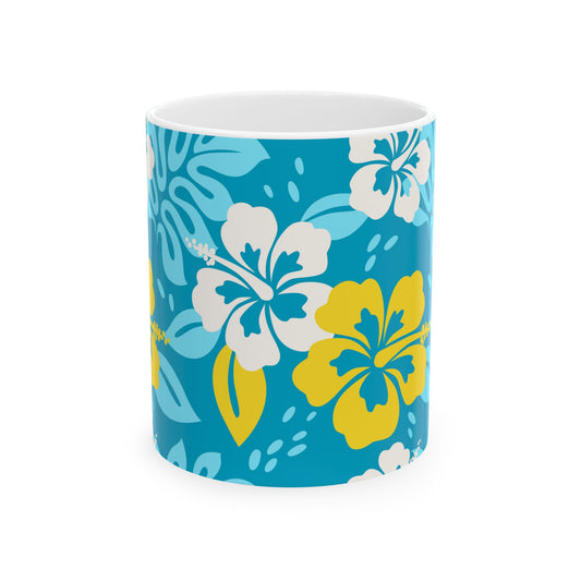 White ceramic mug featuring a vibrant tropical palm tree design, available in 11oz and 15oz sizes, with prints on both sides.