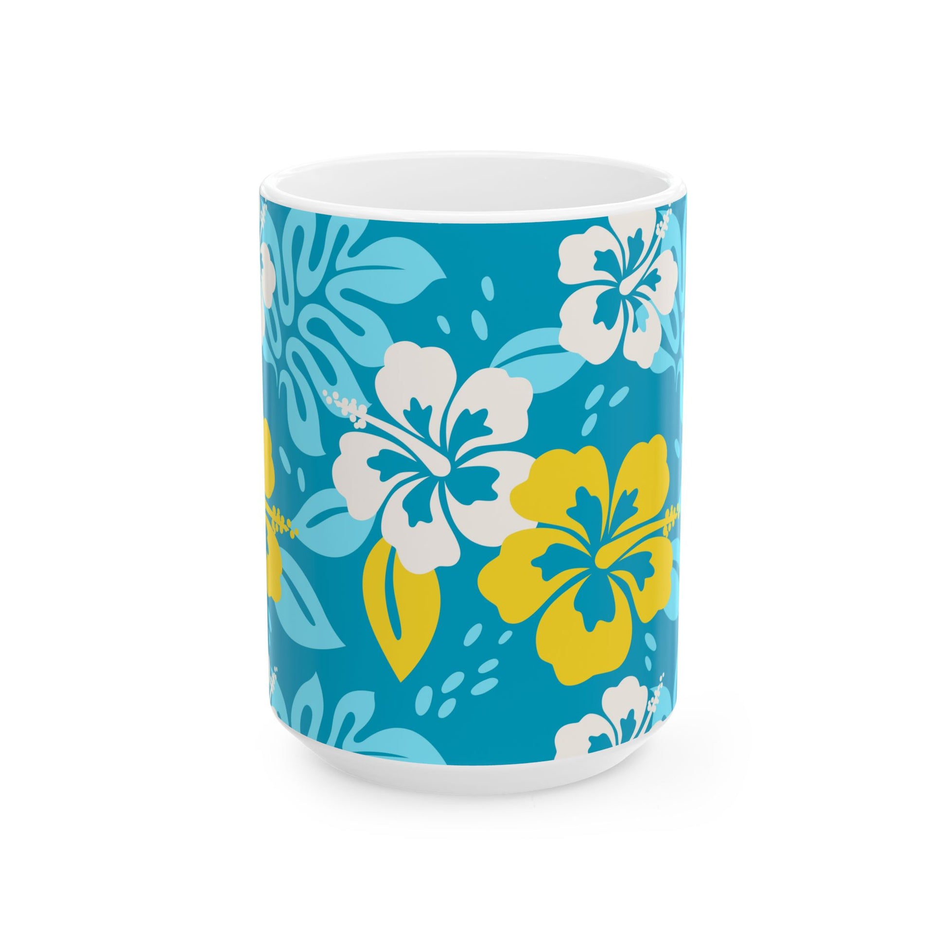 Durable ceramic coffee mug with a colorful island-themed design, showcasing palm trees and tropical scenery, suitable for hot and cold beverages.