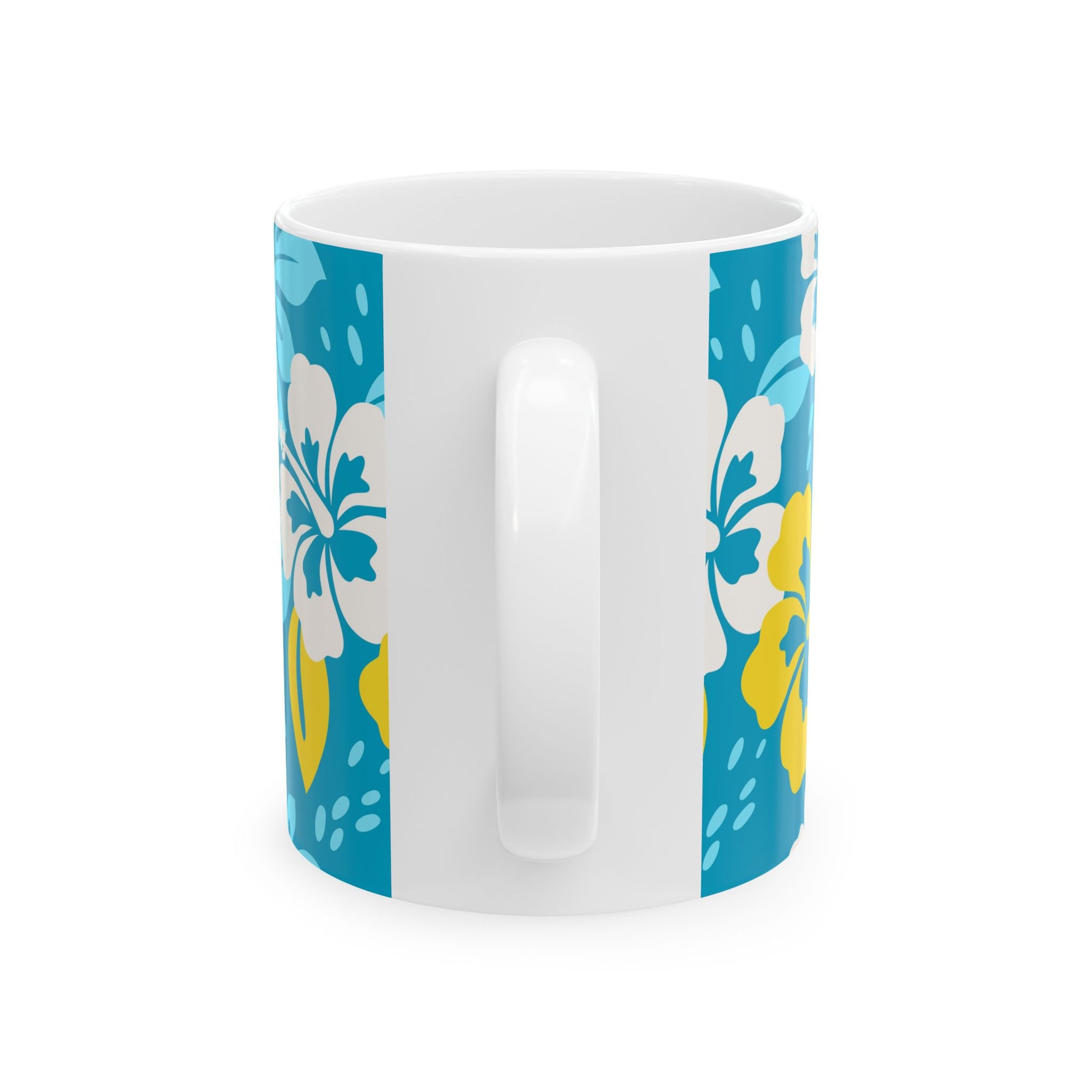 Classic white ceramic mug adorned with a tropical paradise motif, featuring palm trees and beach elements, offered in two sizes: 11oz and 15oz.