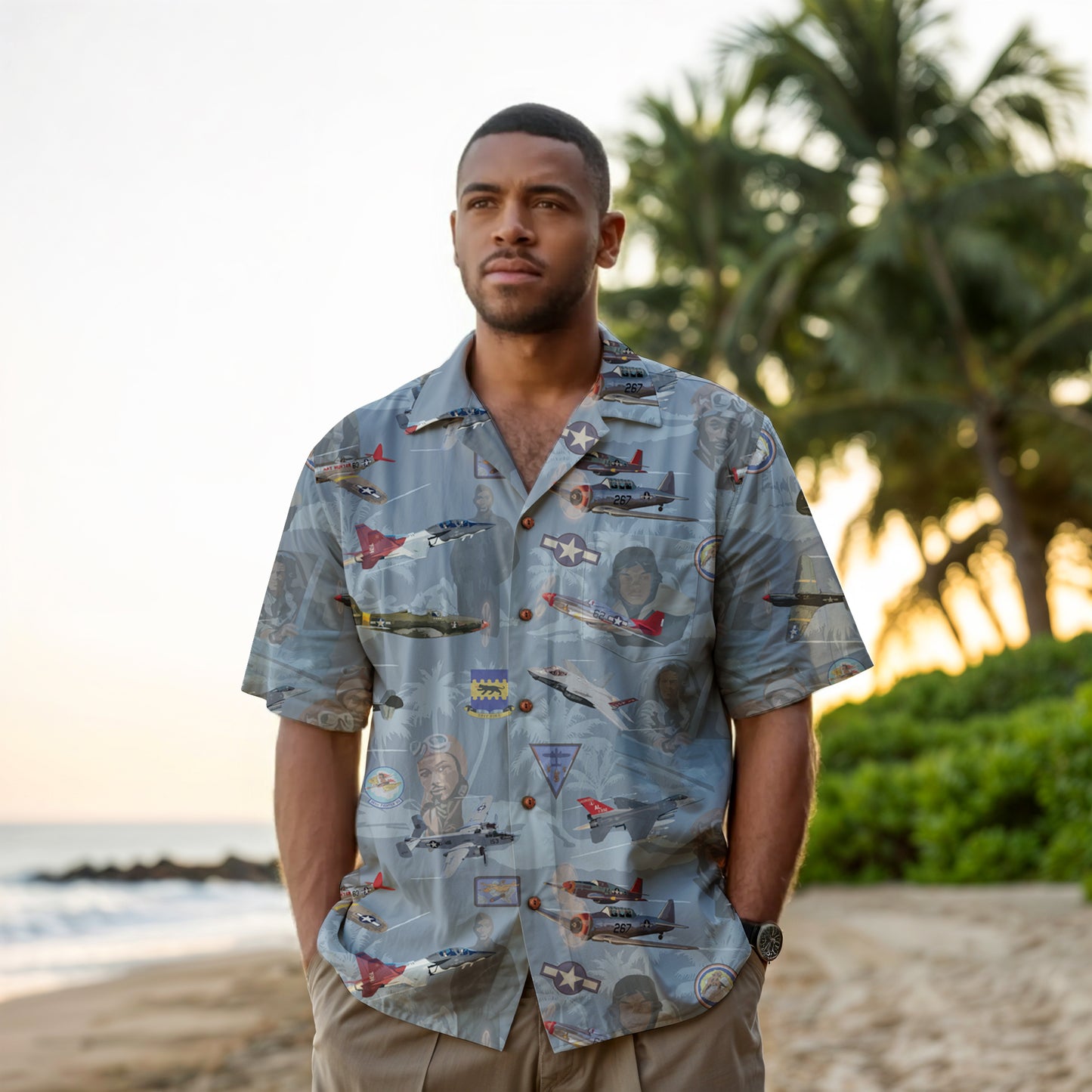 "Tuskegee Airmen" Hawaiian Tribute Shirt Blue 100%  Cotton