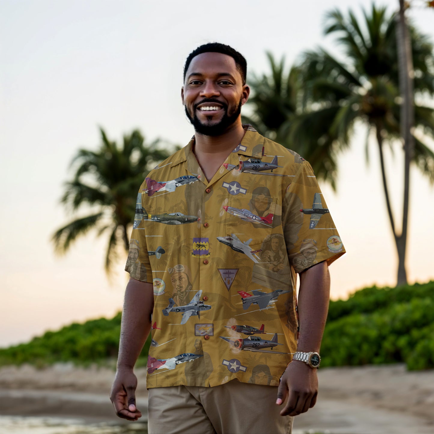 "Tuskegee Airmen" Hawaiian Tribute Shirt Gold 100%  Cotton