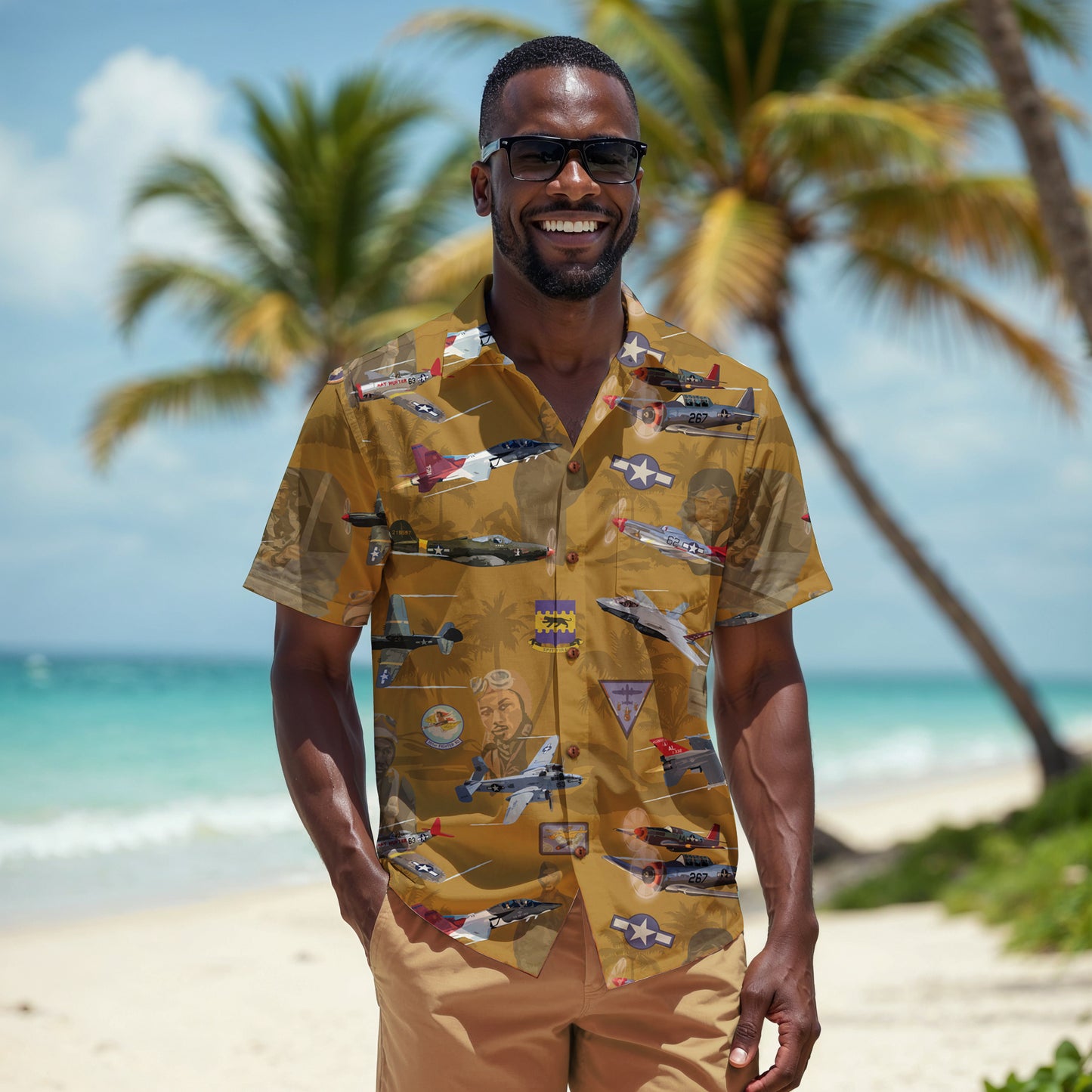 "Tuskegee Airmen" Hawaiian Tribute Shirt Gold 100%  Cotton