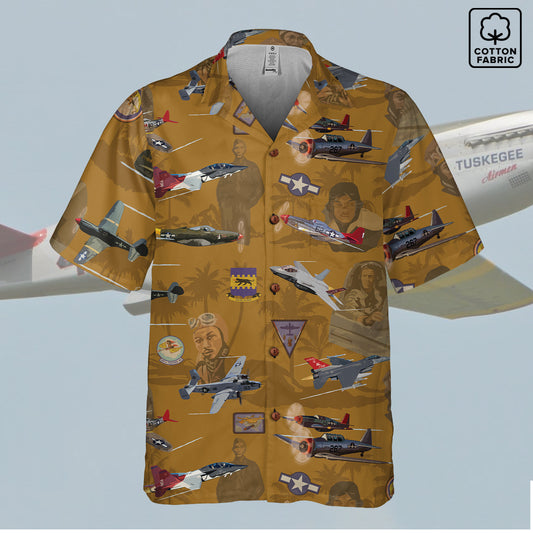 "Tuskegee Airmen" Hawaiian Tribute Shirt Gold 100%  Cotton