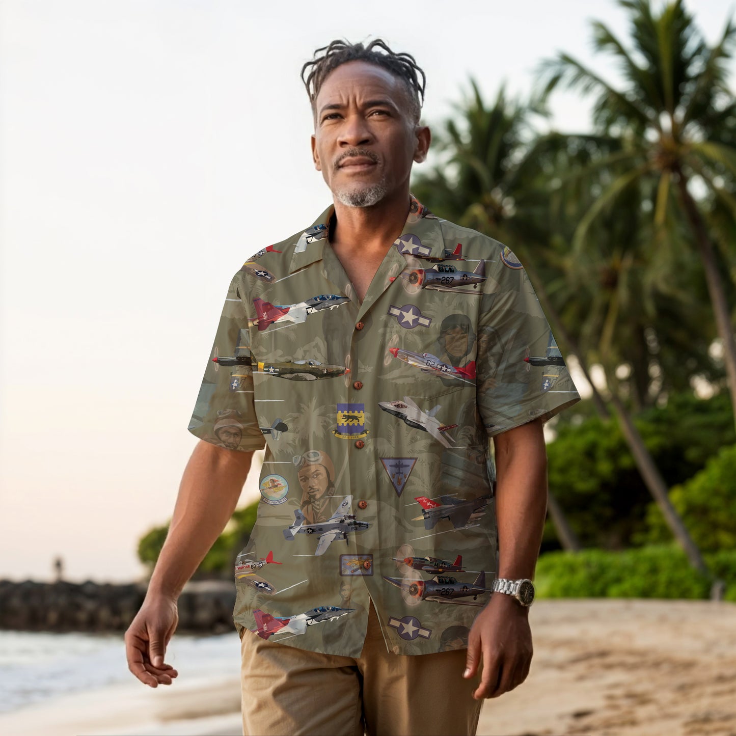 "Tuskegee Airmen" Hawaiian Tribute Shirt Green 100%  Cotton