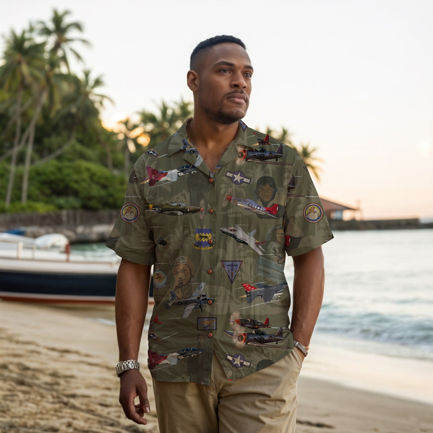 "Tuskegee Airmen" Hawaiian Tribute Shirt Green 100%  Cotton