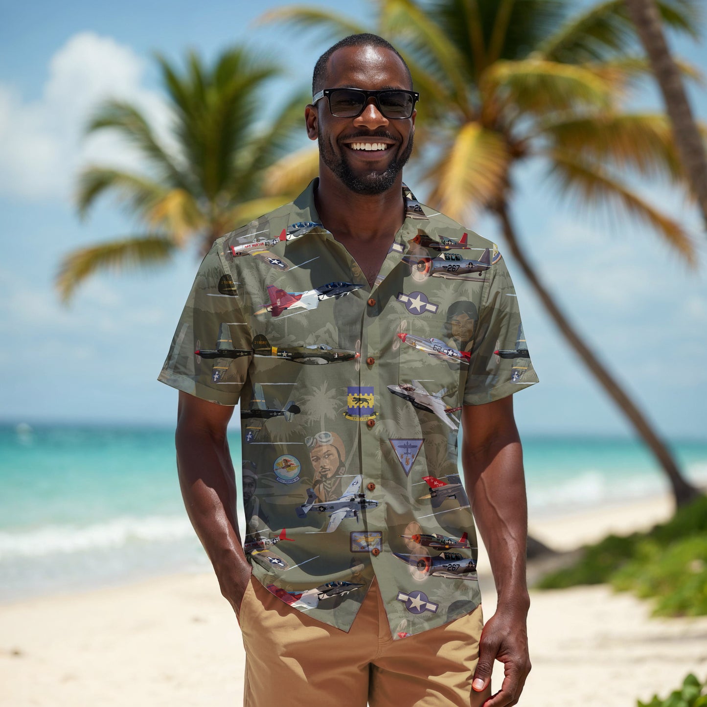 "Tuskegee Airmen" Hawaiian Tribute Shirt Green 100%  Cotton