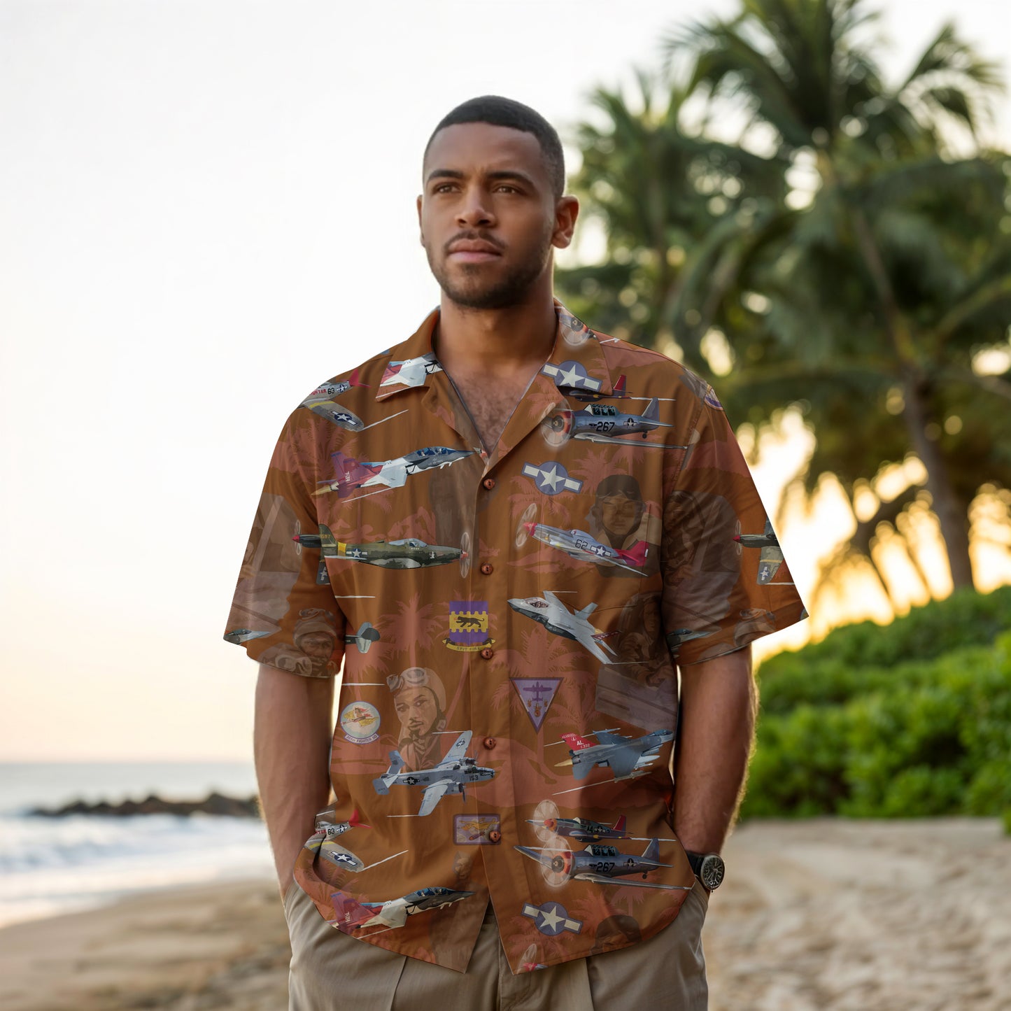 "Tuskegee Airmen" Hawaiian Tribute Shirt Red 100%  Cotton