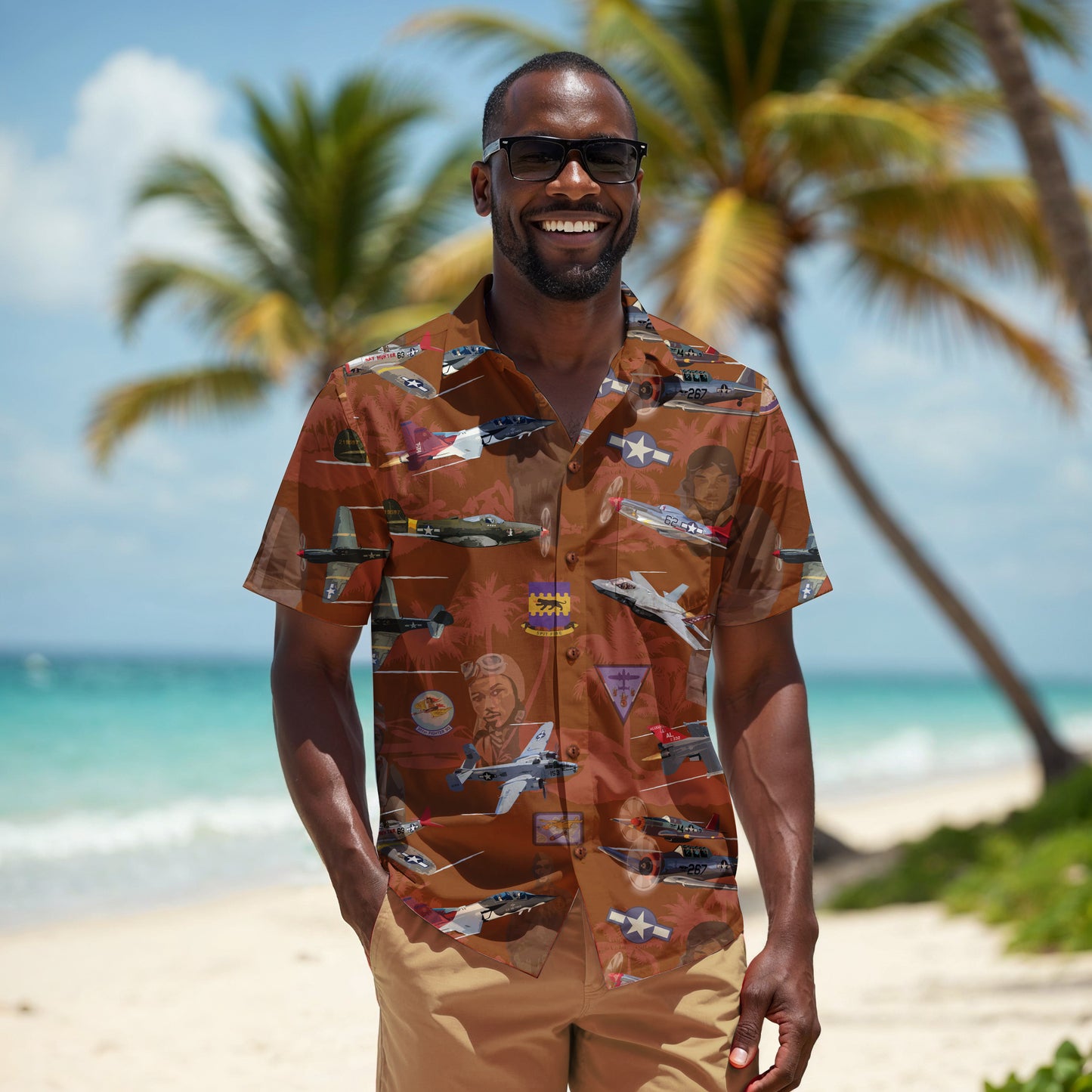 "Tuskegee Airmen" Hawaiian Tribute Shirt Red 100%  Cotton