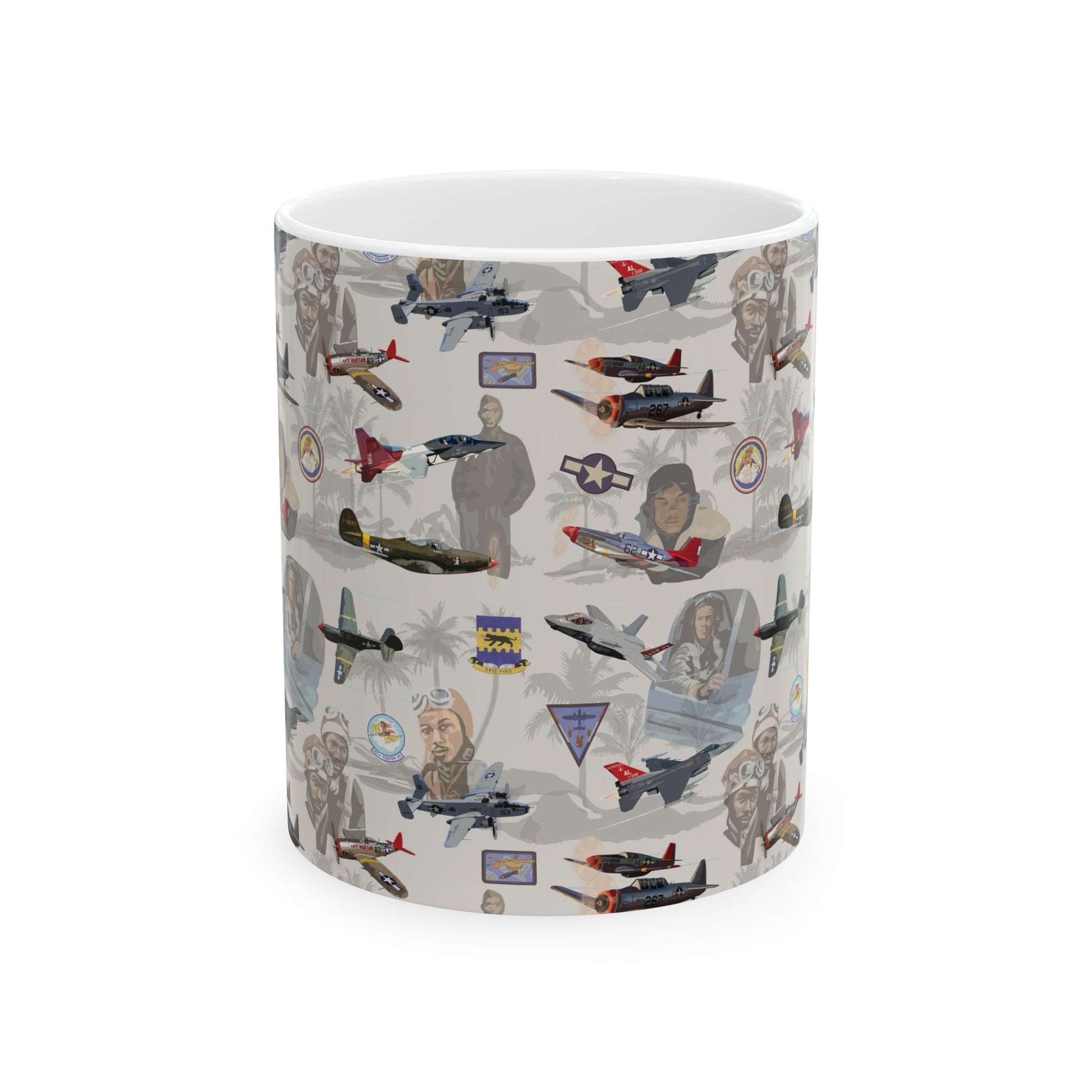 Beige ceramic mug featuring a design honoring the Tuskegee Airmen, available in 11oz and 15oz sizes, microwave and dishwasher safe.