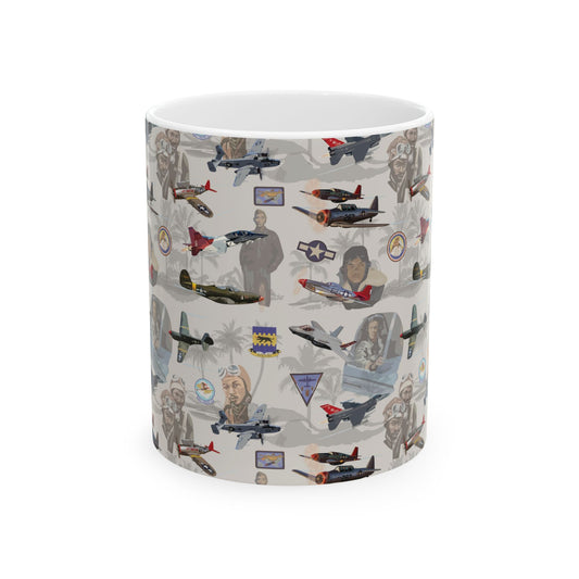 Beige ceramic mug featuring a design honoring the Tuskegee Airmen, available in 11oz and 15oz sizes, microwave and dishwasher safe.
