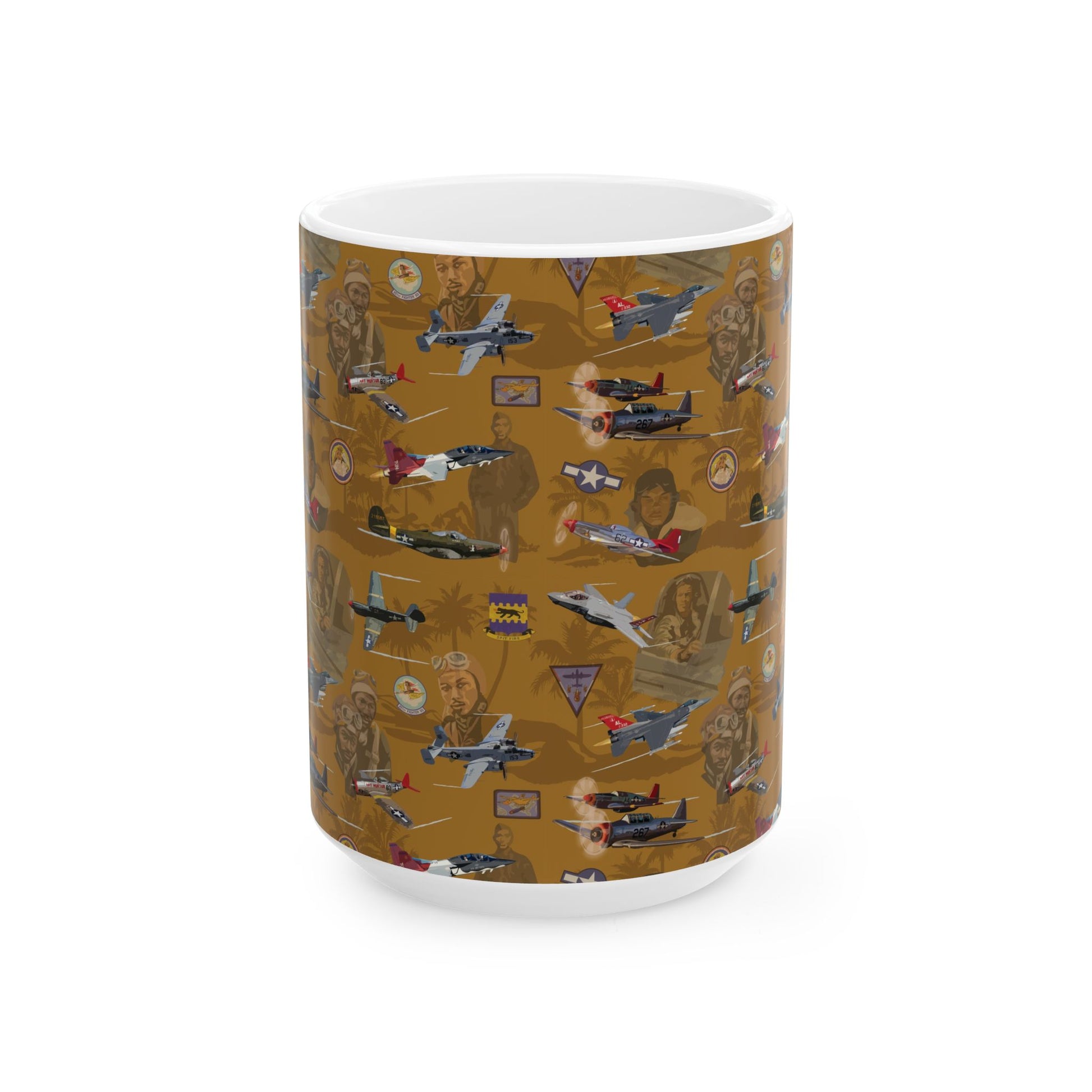 Durable gold ceramic coffee mug showcasing imagery of the Tuskegee Airmen, perfect for aviation enthusiasts, available in two sizes.