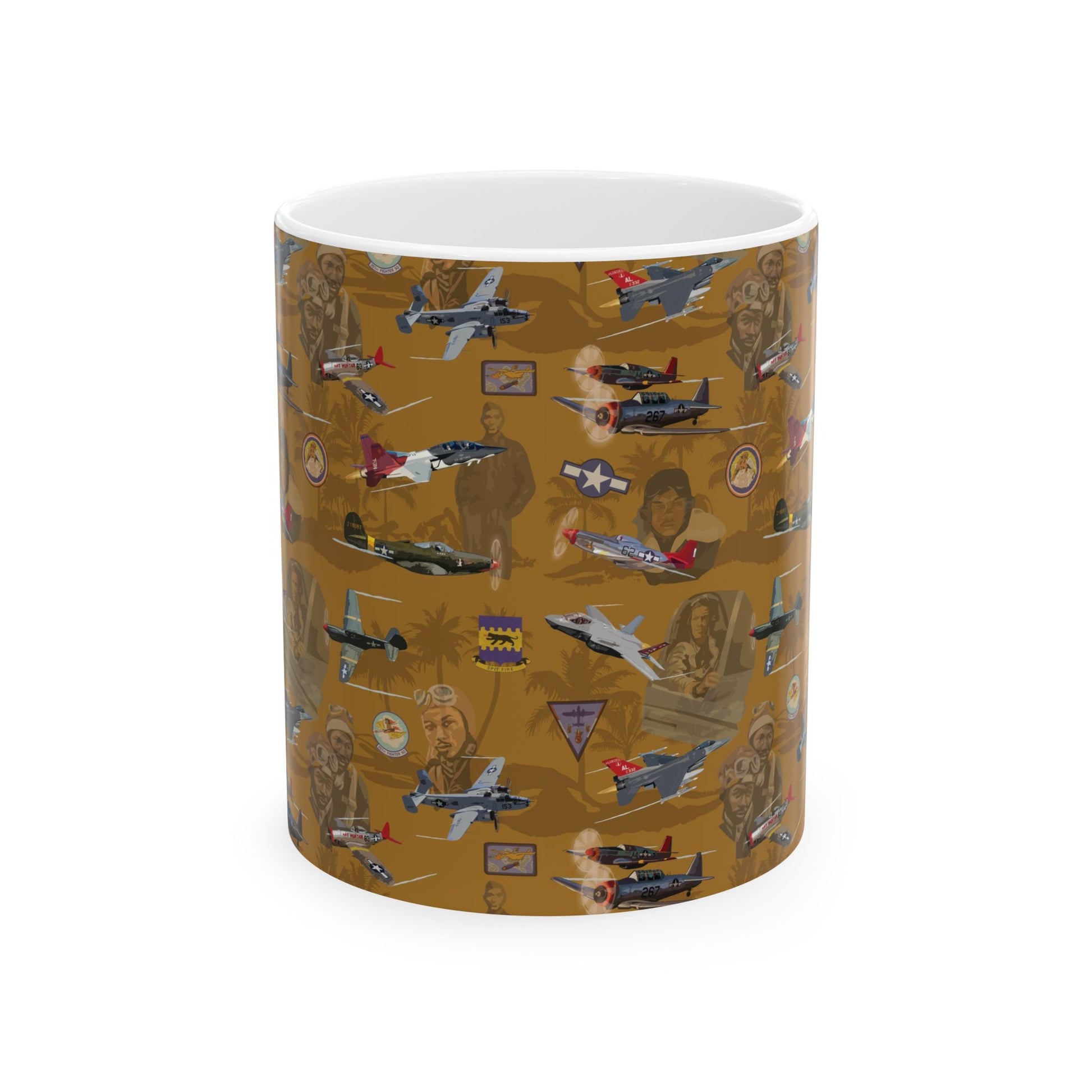 Gold ceramic mug featuring a design honoring the Tuskegee Airmen, available in 11oz and 15oz sizes, microwave and dishwasher safe.