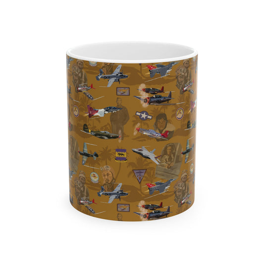 Gold ceramic mug featuring a design honoring the Tuskegee Airmen, available in 11oz and 15oz sizes, microwave and dishwasher safe.