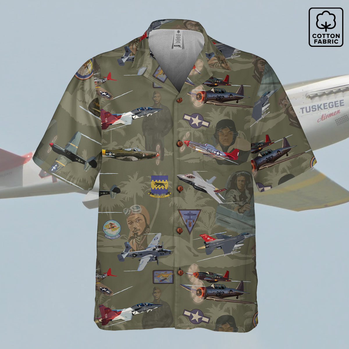 "Tuskegee Airmen" Hawaiian Tribute Shirt Green 100%  Cotton