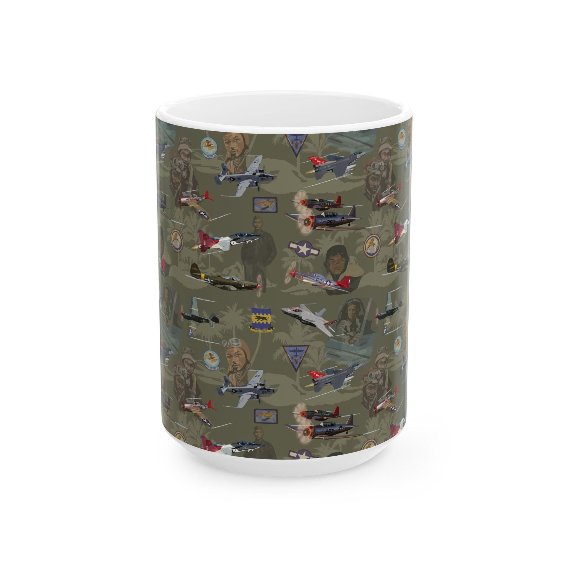 Durable green ceramic coffee mug showcasing imagery of the Tuskegee Airmen, perfect for aviation enthusiasts, available in two sizes.