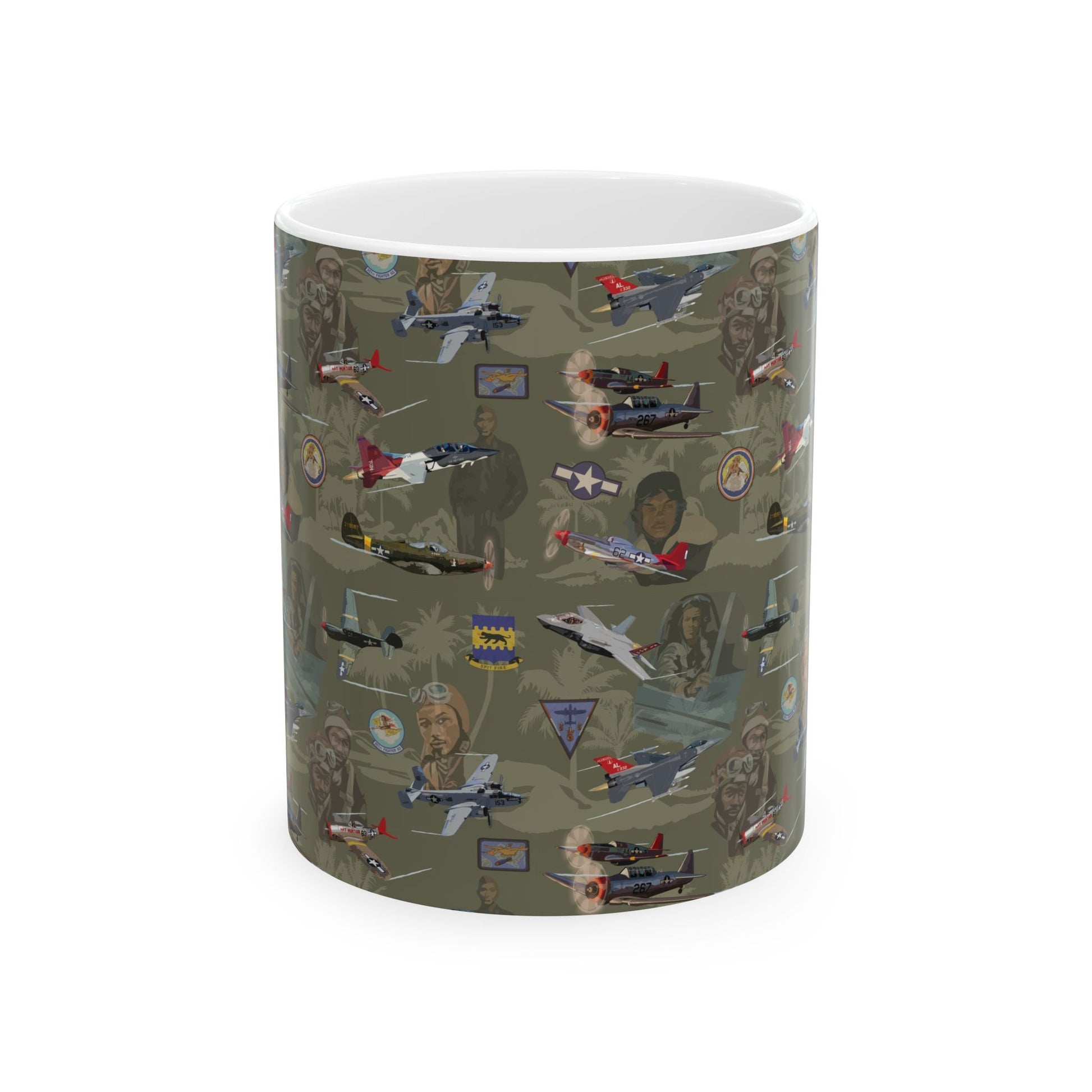 Green ceramic mug featuring a design honoring the Tuskegee Airmen, available in 11oz and 15oz sizes, microwave and dishwasher safe.