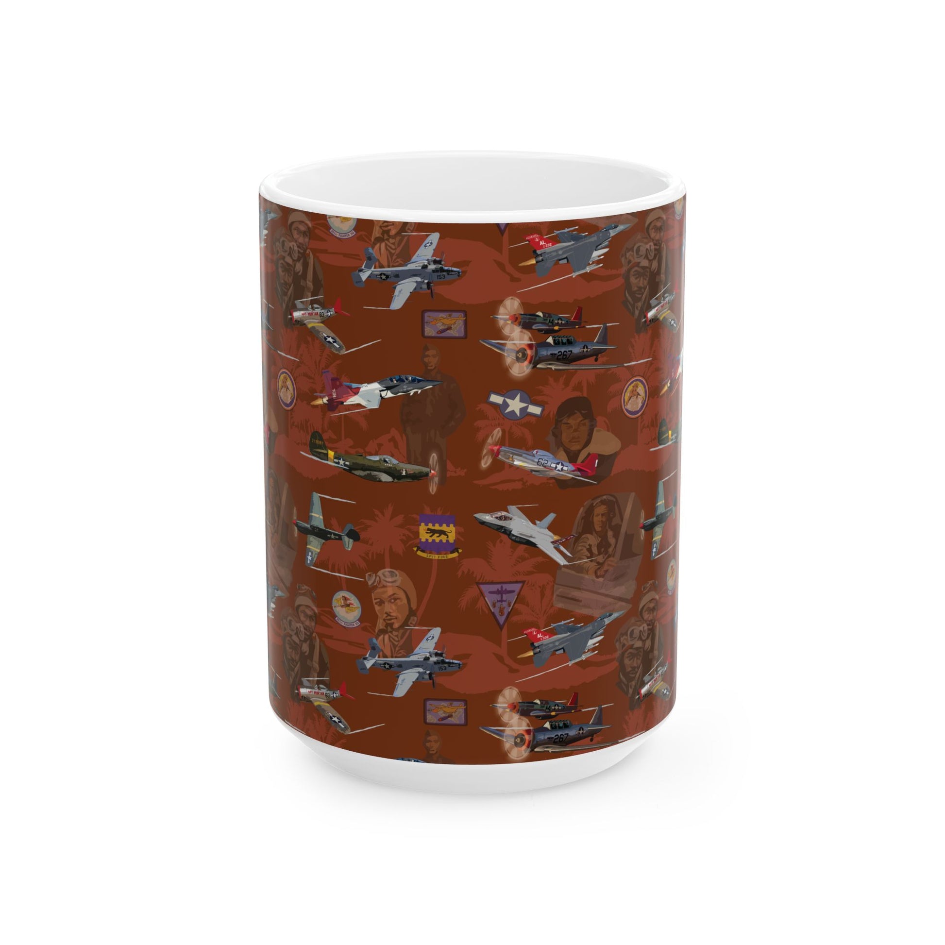 Durable red ceramic coffee mug showcasing bold Tuskegee-themed graphics, offered in two sizes: 11oz and 15oz.