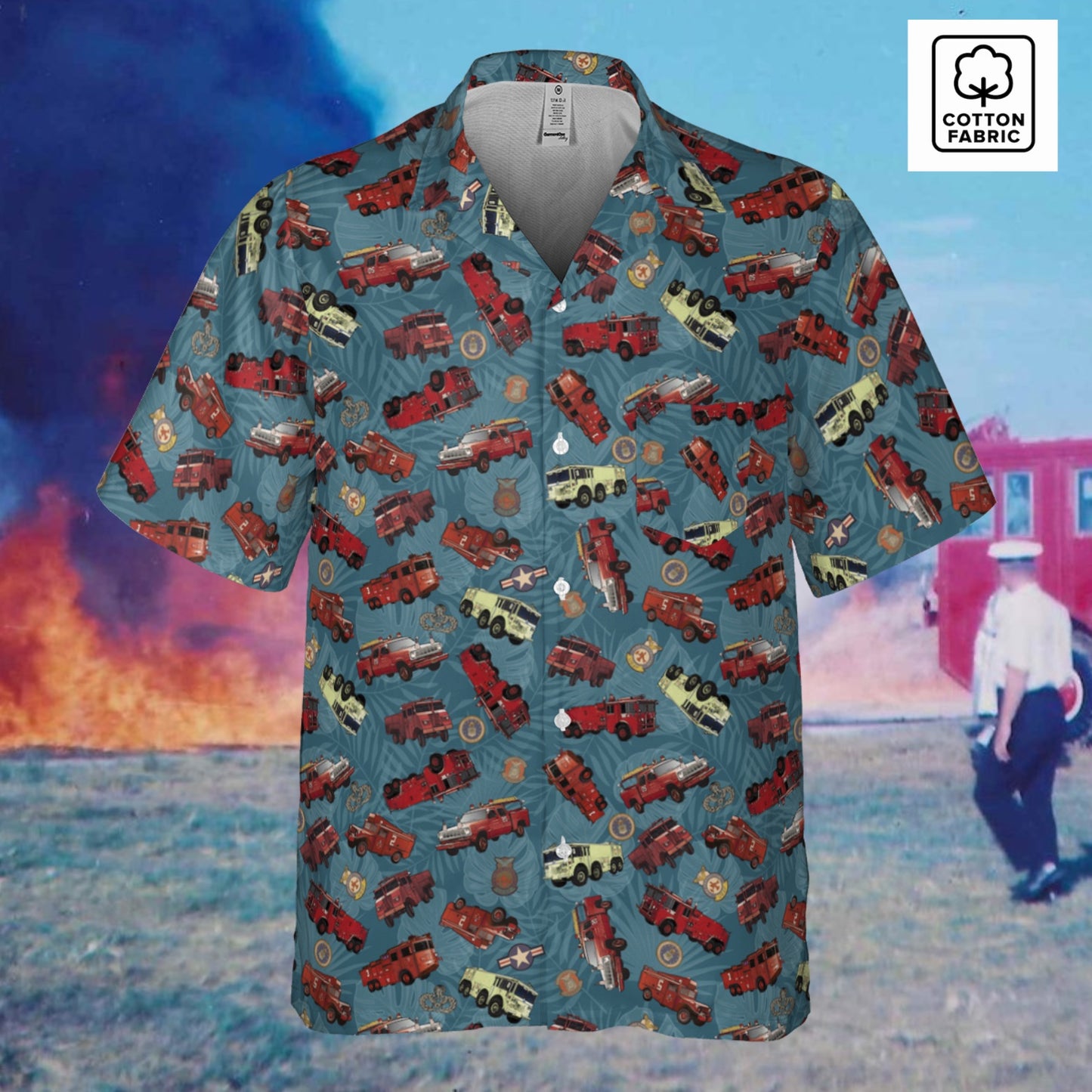 Hawaiian Shirt - "Vietnam Era Crash Trucks" - Light Blue in Cotton - Island Vibes For Life
