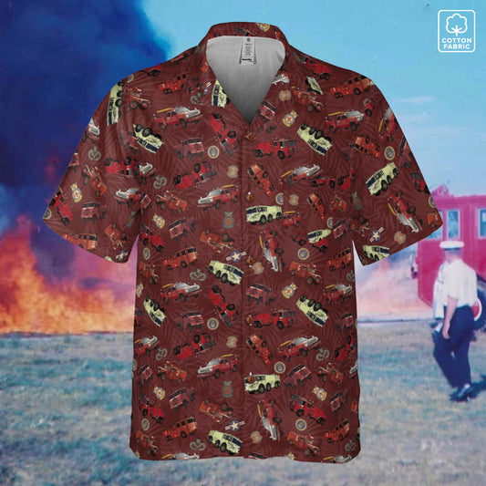 Hawaiian Shirt - "Vietnam Era Crash Trucks" - Red 100% Cotton