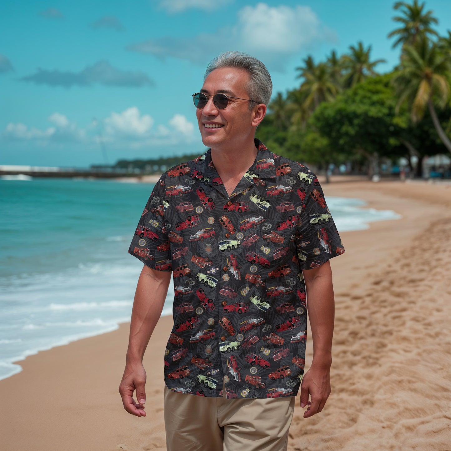 Hawaiian Shirt - "Vietnam Era Crash Trucks" - Black 100% Cotton