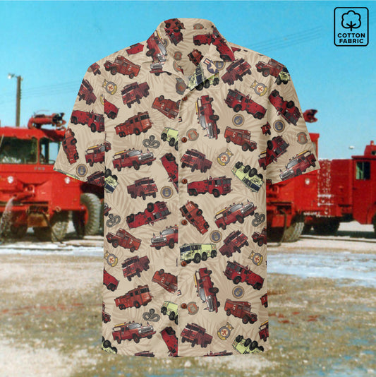 Hawaiian Shirt - "Vietnam Era Crash Trucks" - Beige 100% Cotton