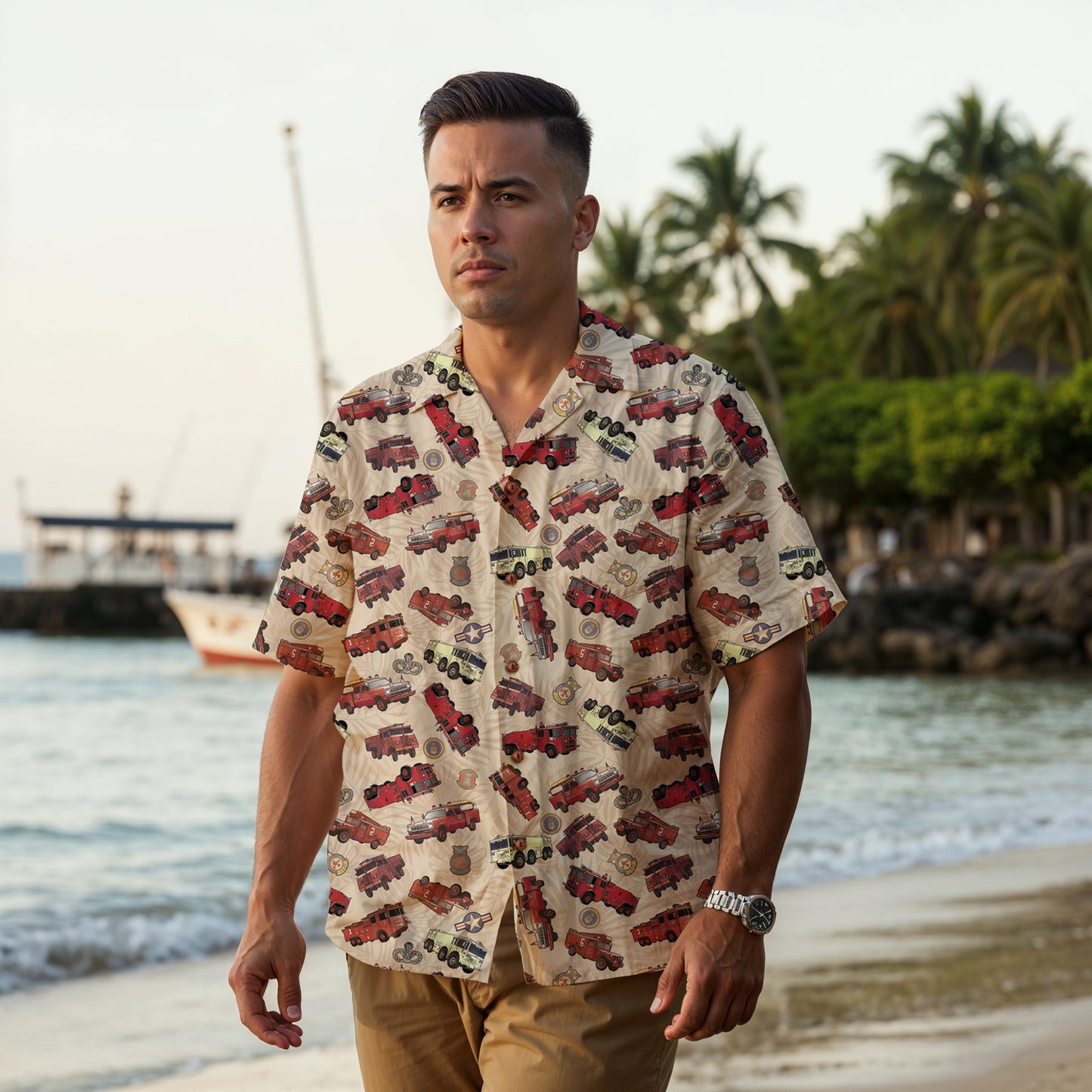 Hawaiian Shirt - "Vietnam Era Crash Trucks" - Beige 100% Cotton