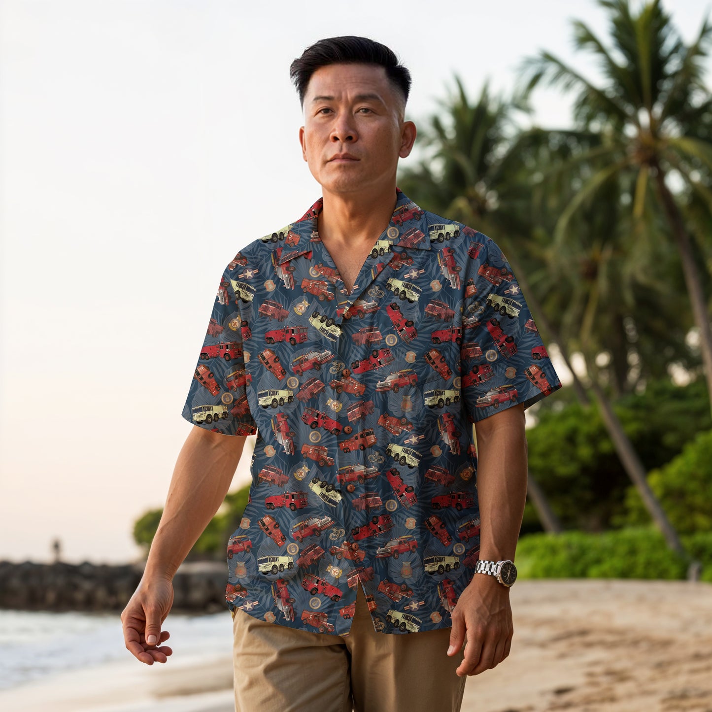 Hawaiian Shirt - "Vietnam Era Crash Trucks" - Dark Blue 100% Cotton