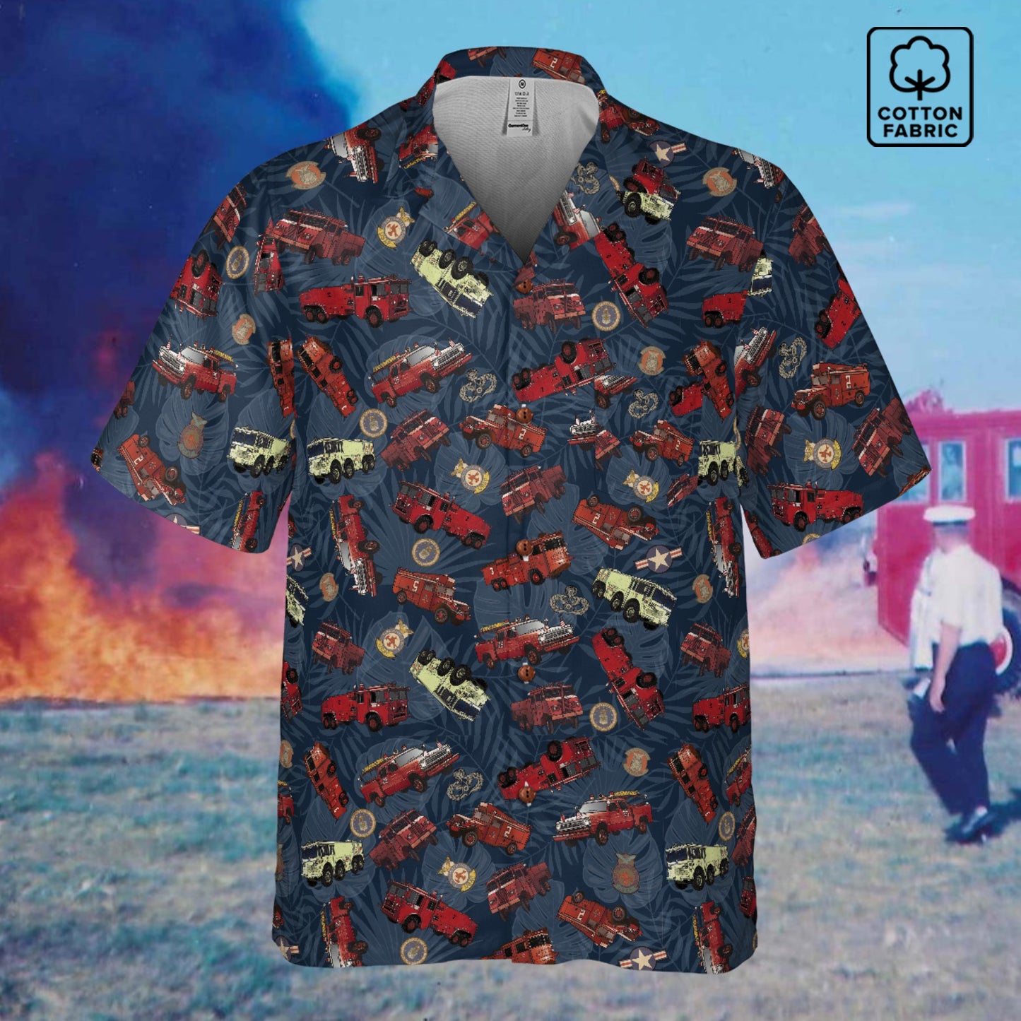Hawaiian Shirt - "Vietnam Era Crash Trucks" - Dark Blue 100% Cotton