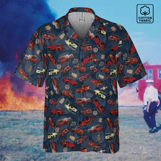 Hawaiian Shirt - "Vietnam Era Crash Trucks" - Dark Blue 100% Cotton