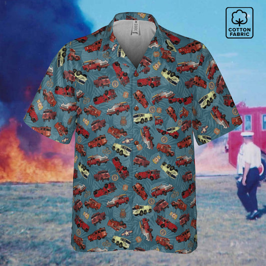 Hawaiian Shirt - "Vietnam Era Crash Trucks" - Light Blue 100% Cotton