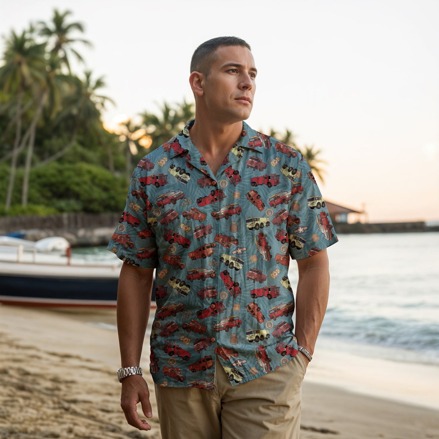 Hawaiian Shirt - "Vietnam Era Crash Trucks" - Light Blue 100% Cotton