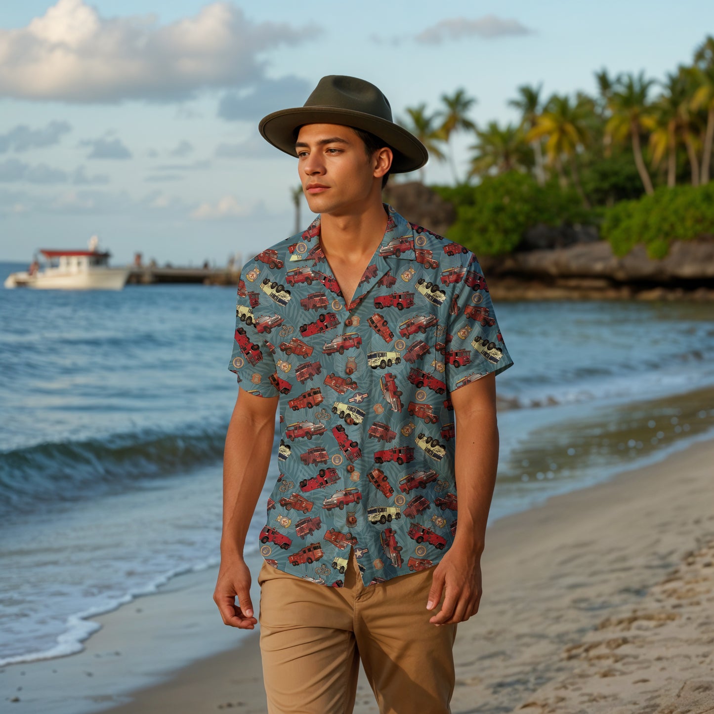 Hawaiian Shirt - "Vietnam Era Crash Trucks" - Light Blue 100% Cotton