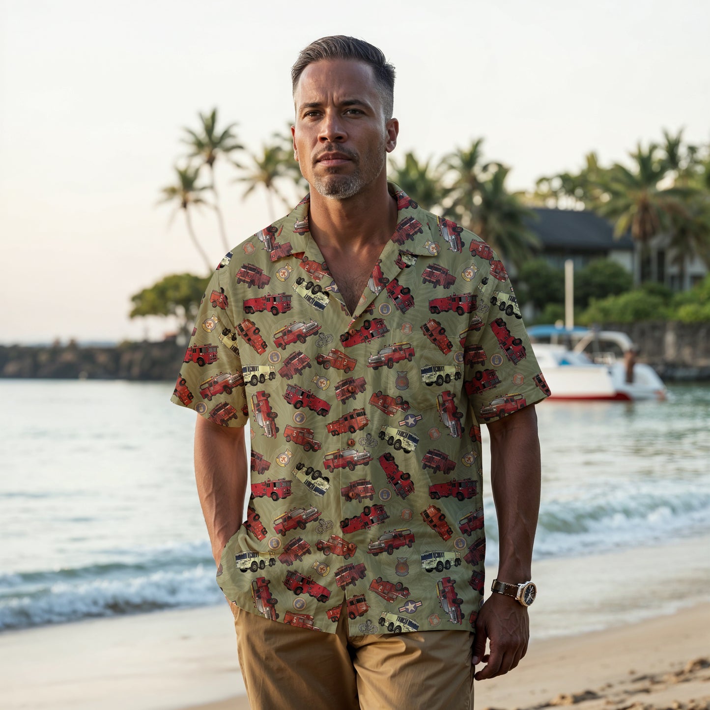 Hawaiian Shirt - "Vietnam Era Crash Trucks" - Olive Green 100% Cotton