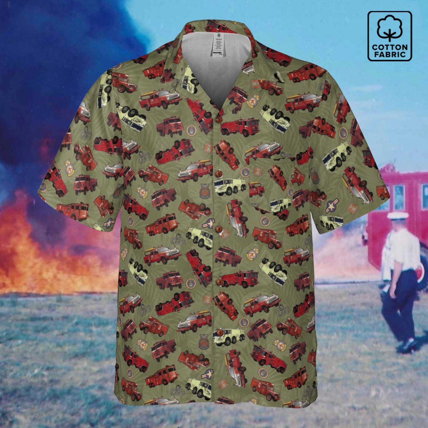 Hawaiian Shirt - "Vietnam Era Crash Trucks" - Olive Green 100% Cotton