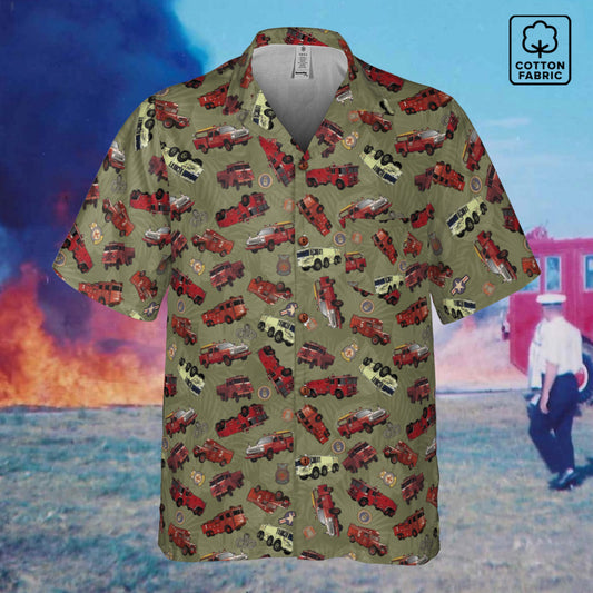 Hawaiian Shirt - "Vietnam Era Crash Trucks" - Olive Green 100% Cotton