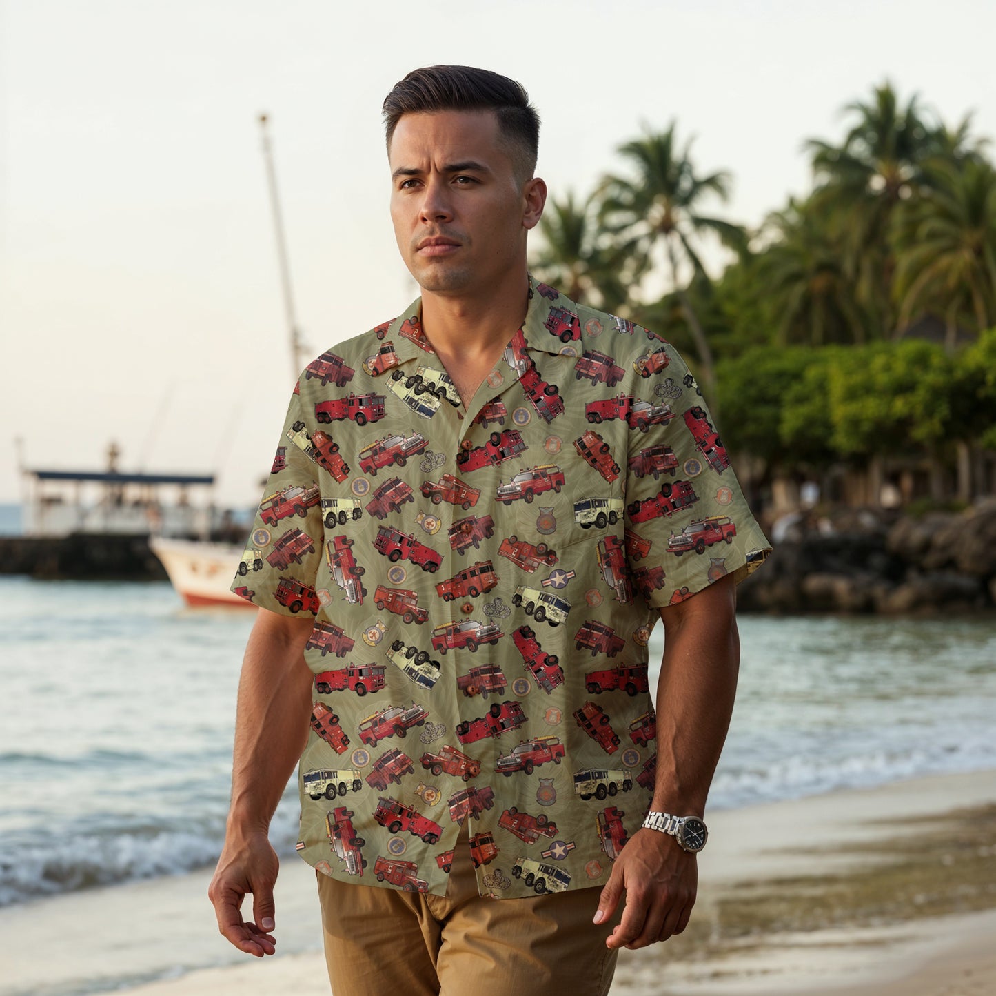 Hawaiian Shirt - "Vietnam Era Crash Trucks" - Olive Green 100% Cotton